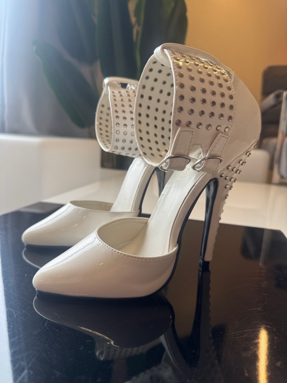 Pleaser Domina Patent White Studded Ankle-Strap Stiletto Pumps